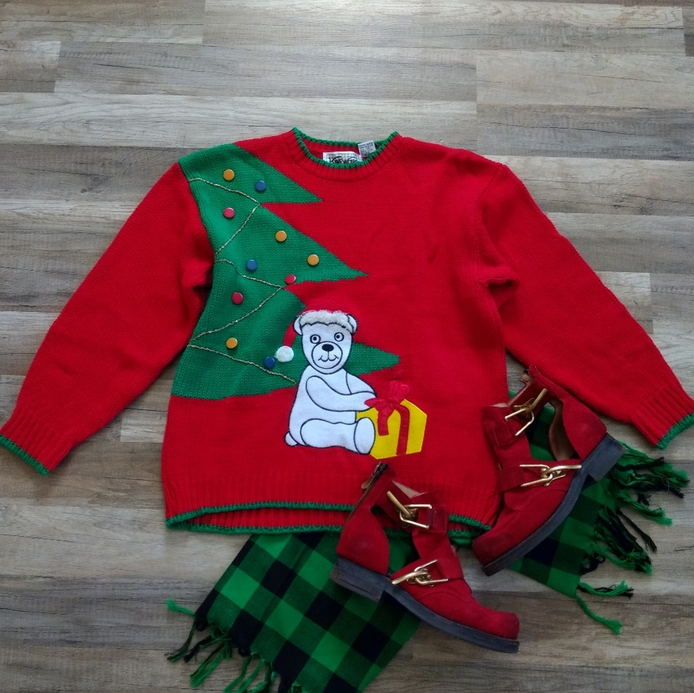 Vintage 80s Knit Works Santa Teddy Bear Holiday Sweater Small